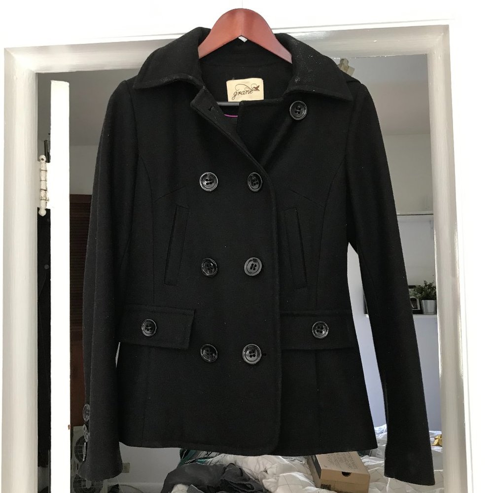 Grane Black Hooded Peacoat - Wool Polyester - womens S